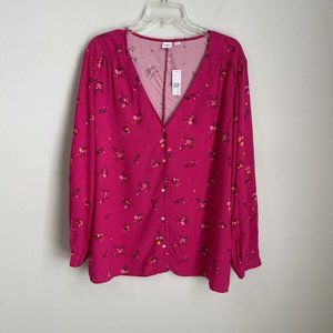 New GAP Womens Pink Balloon Sleeve Button Down V-Neck Blouse